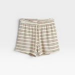 JONES + CO natural and chocolate striped loop terry sweatshorts with an elastic waistband and drawstring.