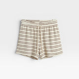 JONES + CO natural and chocolate striped loop terry sweatshorts with an elastic waistband and drawstring.