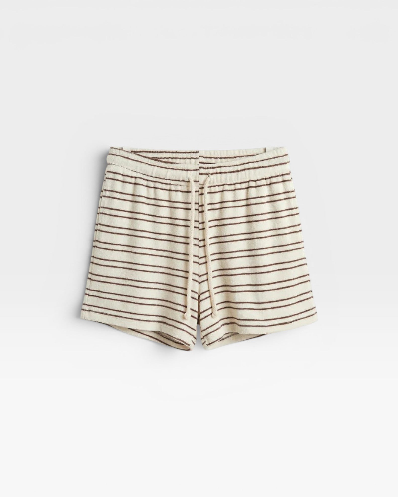 JONES + CO natural and chocolate striped loop terry sweatshorts with an elastic waistband and drawstring.