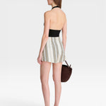 JONES + CO women's striped Veras shorts in cream with brown and green vertical stripes, textured fabric, high waist.