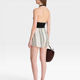 JONES + CO women's striped Veras shorts in cream with brown and green vertical stripes, textured fabric, high waist.