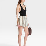 JONES + CO women's striped Veras shorts in cream with vertical green and brown stripes. High-waisted fit.