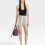 JONES + CO women's striped Veras shorts in cream with green and brown stripes. Textured fabric with a relaxed fit.