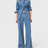 JONES + CO Tali-X mid blue wide-leg denim jeans with high waist and signature curved seaming in recycled cotton