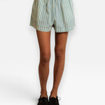 JONES + CO Julie poplin shorts in teal blue and white sugar stripes with a comfortable smocked elastic waistband.