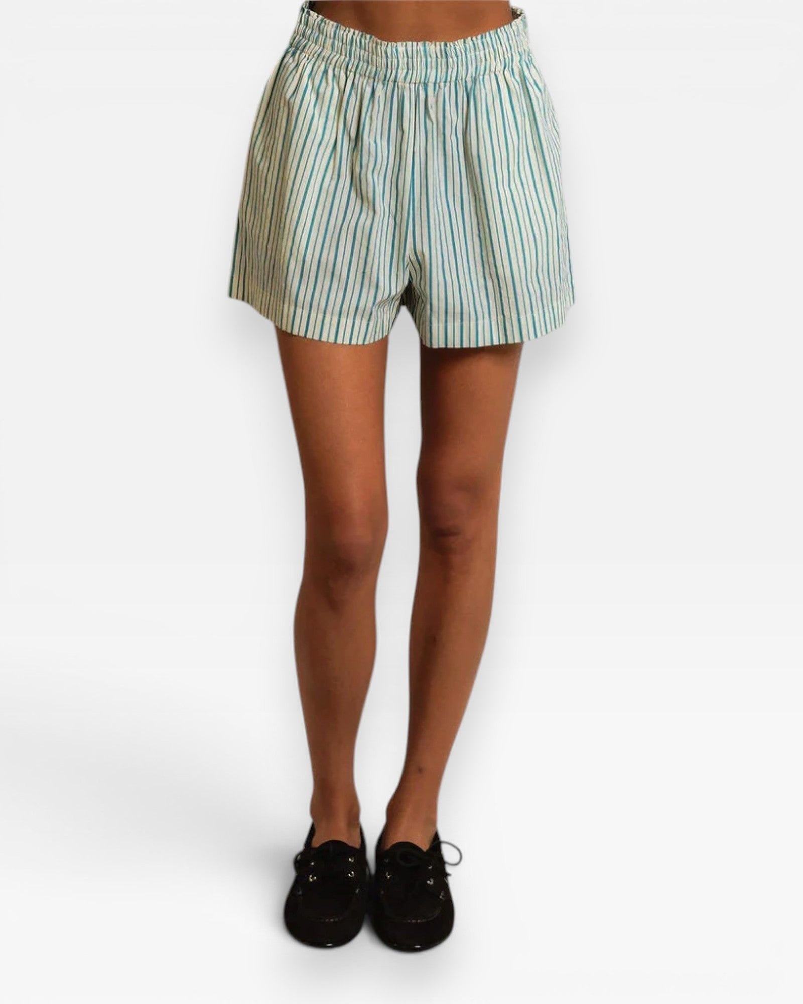 JONES + CO Julie poplin shorts in teal blue and white sugar stripes with a comfortable smocked elastic waistband.