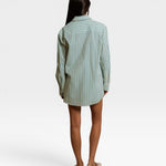 JONES + CO Avalon teal blue and sugar stripe cotton poplin oversized button-down shirt, back view
