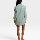 JONES + CO Avalon teal blue and sugar stripe cotton poplin oversized button-down shirt, back view