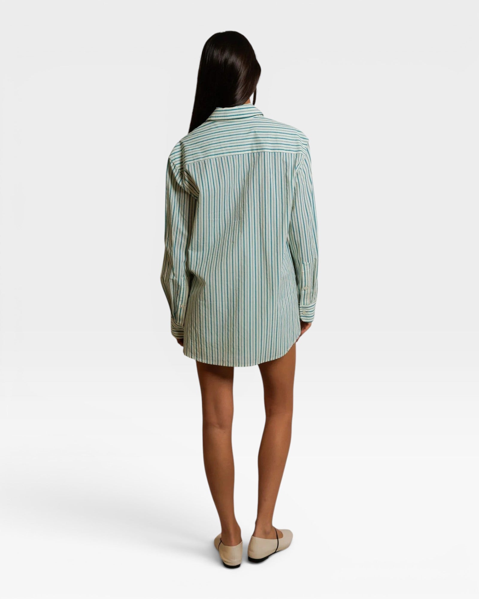 JONES + CO Avalon teal blue and sugar stripe cotton poplin oversized button-down shirt, back view