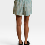 JONES + CO Julie poplin shorts in teal blue and sugar stripes with a smocked elastic waistband, back view