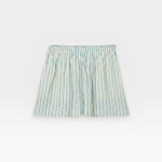 JONES + CO Julie cotton poplin shorts in teal blue and white sugar stripes with a smocked elastic waistband.