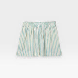 JONES + CO Julie cotton poplin shorts in teal blue and white sugar stripes with a smocked elastic waistband.