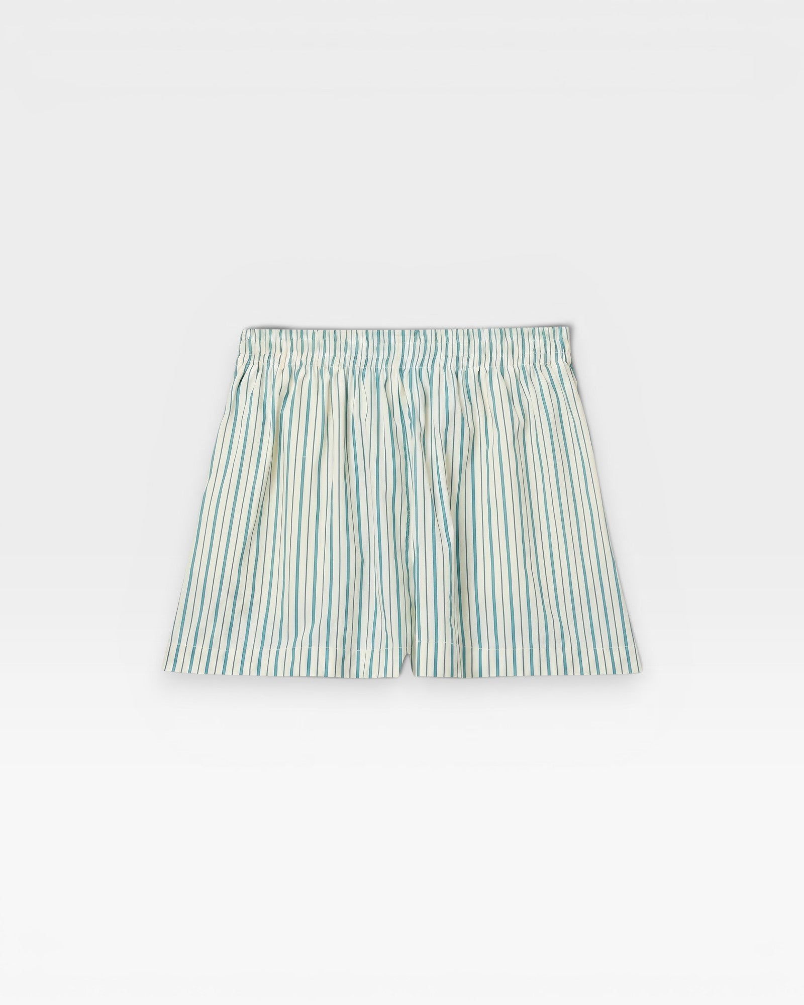 JONES + CO Julie cotton poplin shorts in teal blue and white sugar stripes with a smocked elastic waistband.