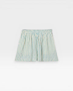 JONES + CO Julie cotton poplin shorts in teal blue and white sugar stripes with a smocked elastic waistband.