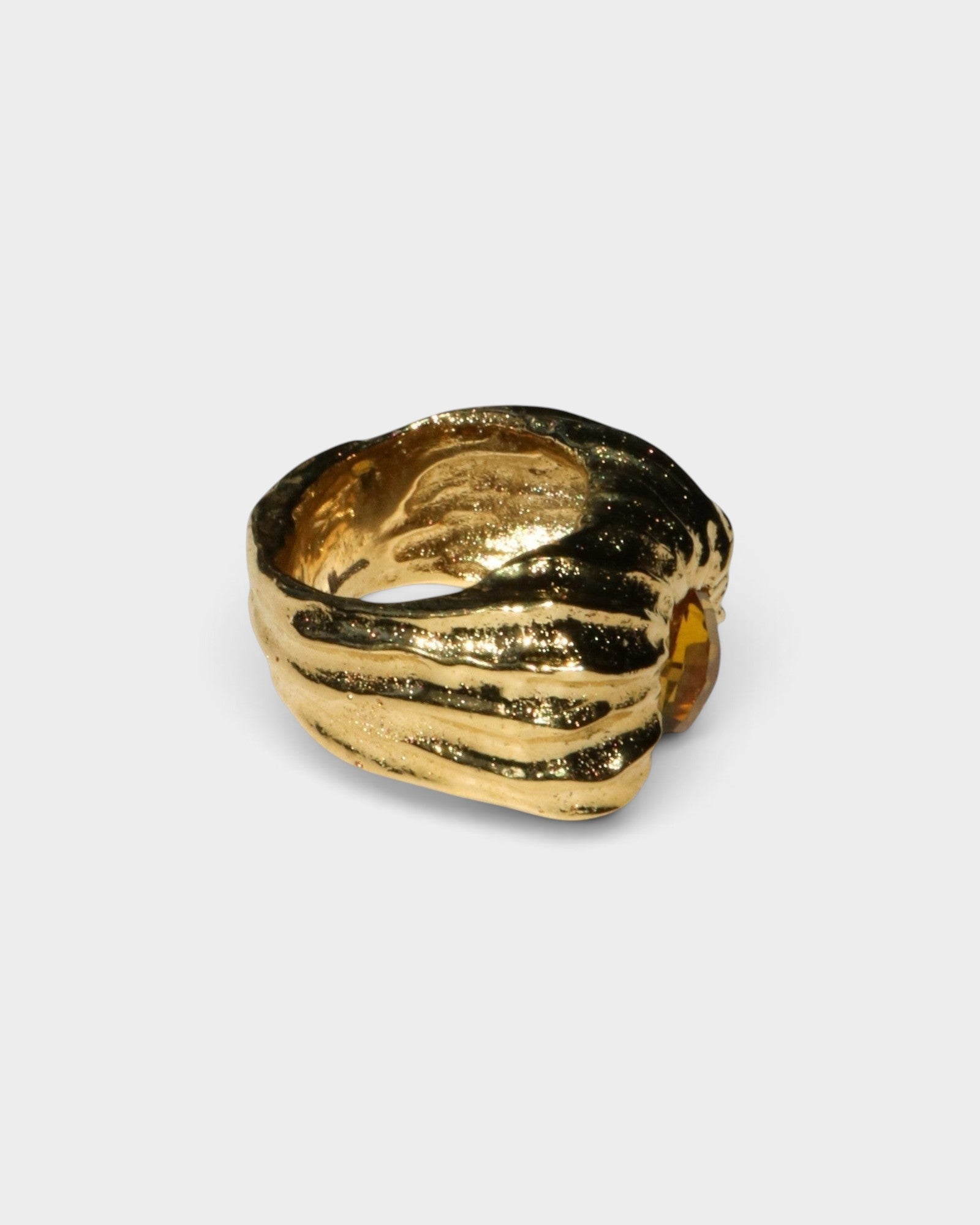 JONES + CO Theo chunky sculptural statement ring in gold-tone sterling silver with a warm citrine stone