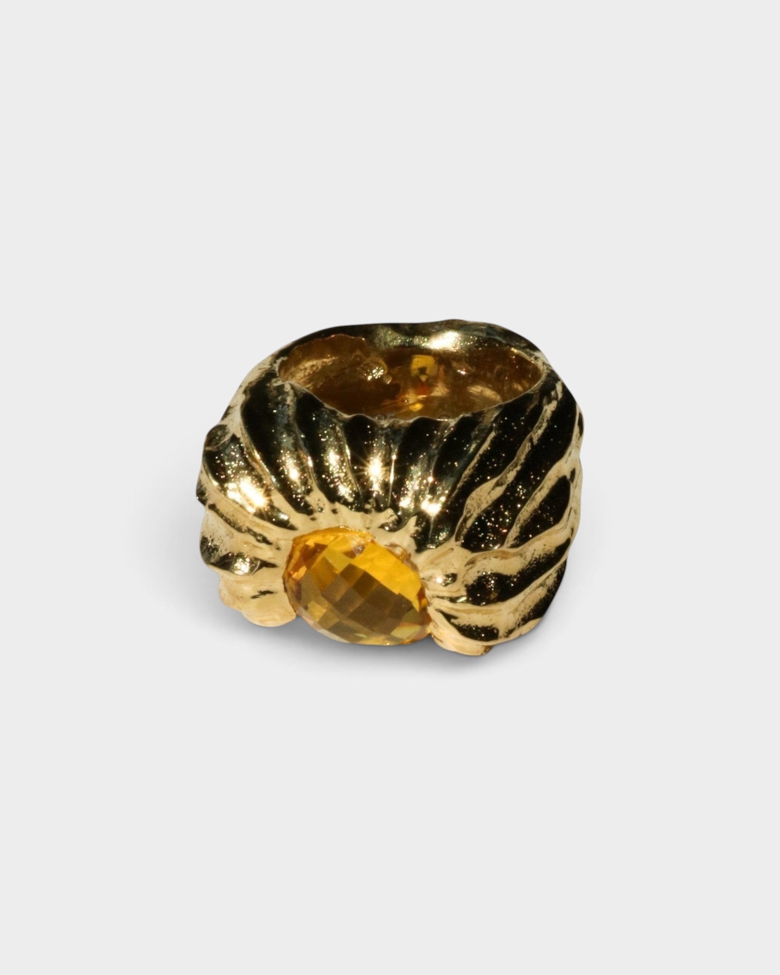 JONES + CO Theo chunky sculptural sterling silver ring featuring a faceted warm citrine stone in a bold design.