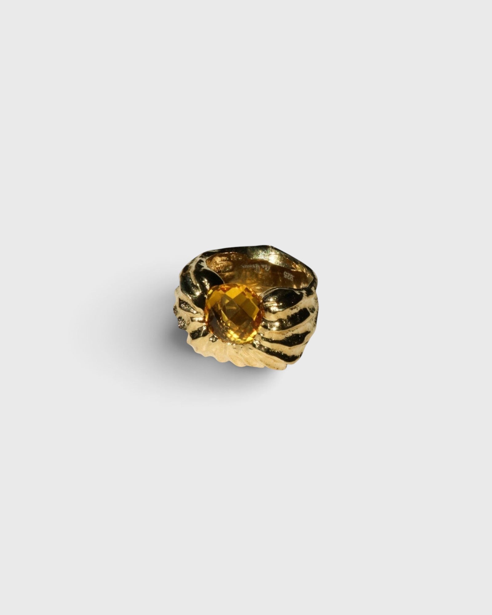 JONES + CO Theo chunky sterling silver statement ring featuring a warm citrine stone in a sculptural design