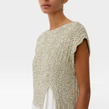 JONES + CO Toledo Top in marble ecru novelty yarn, sleeveless with open front hem detail and seamless construction.