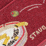 JONES + CO Tommy beaded shoulder bag in deep red with a playful martini glass graphic and vegan leather piping