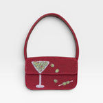 JONES + CO Tommy beaded shoulder bag in red featuring a martini glass design with vegan leather piping.