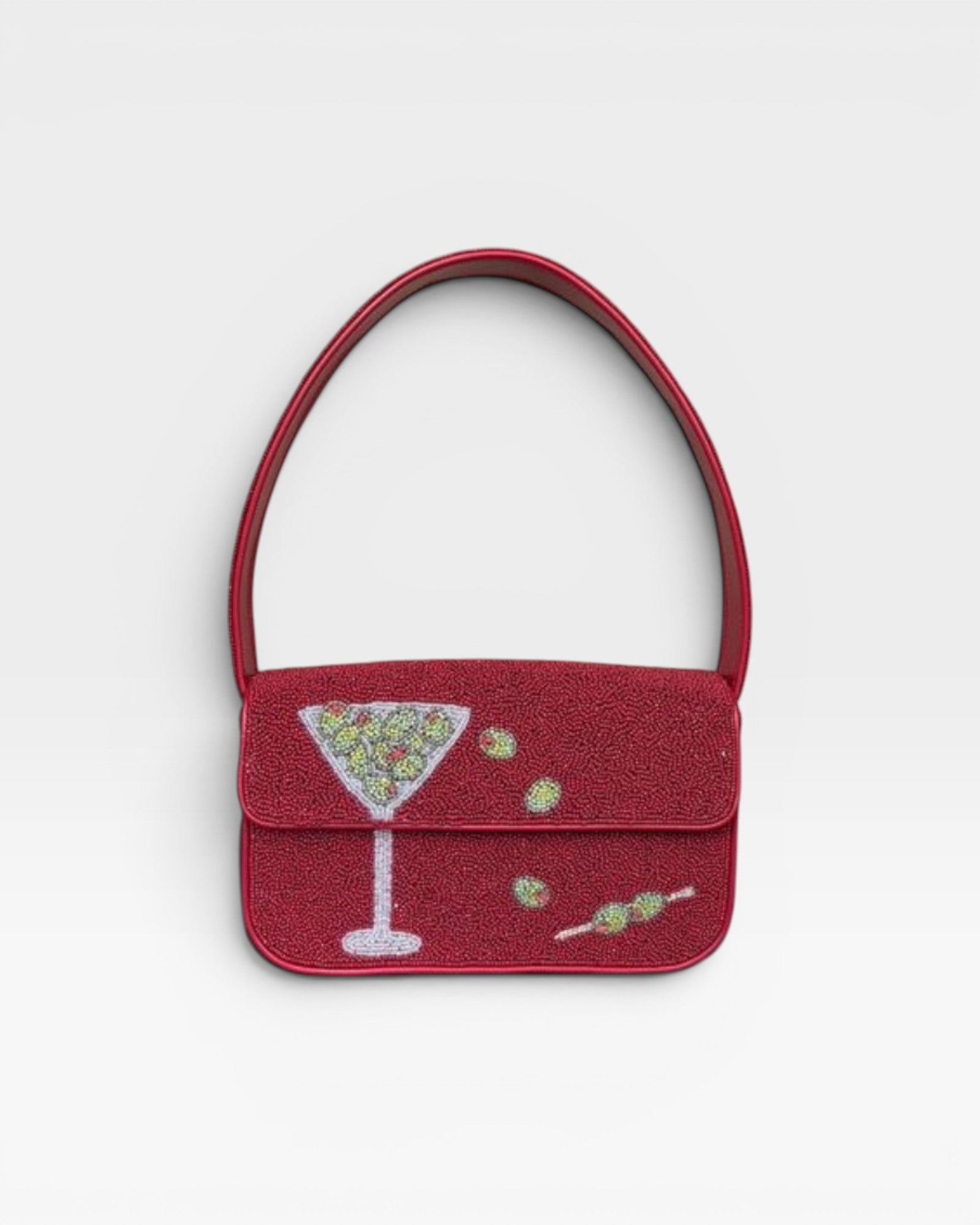 JONES + CO Tommy beaded shoulder bag in red featuring a martini glass design with vegan leather piping.