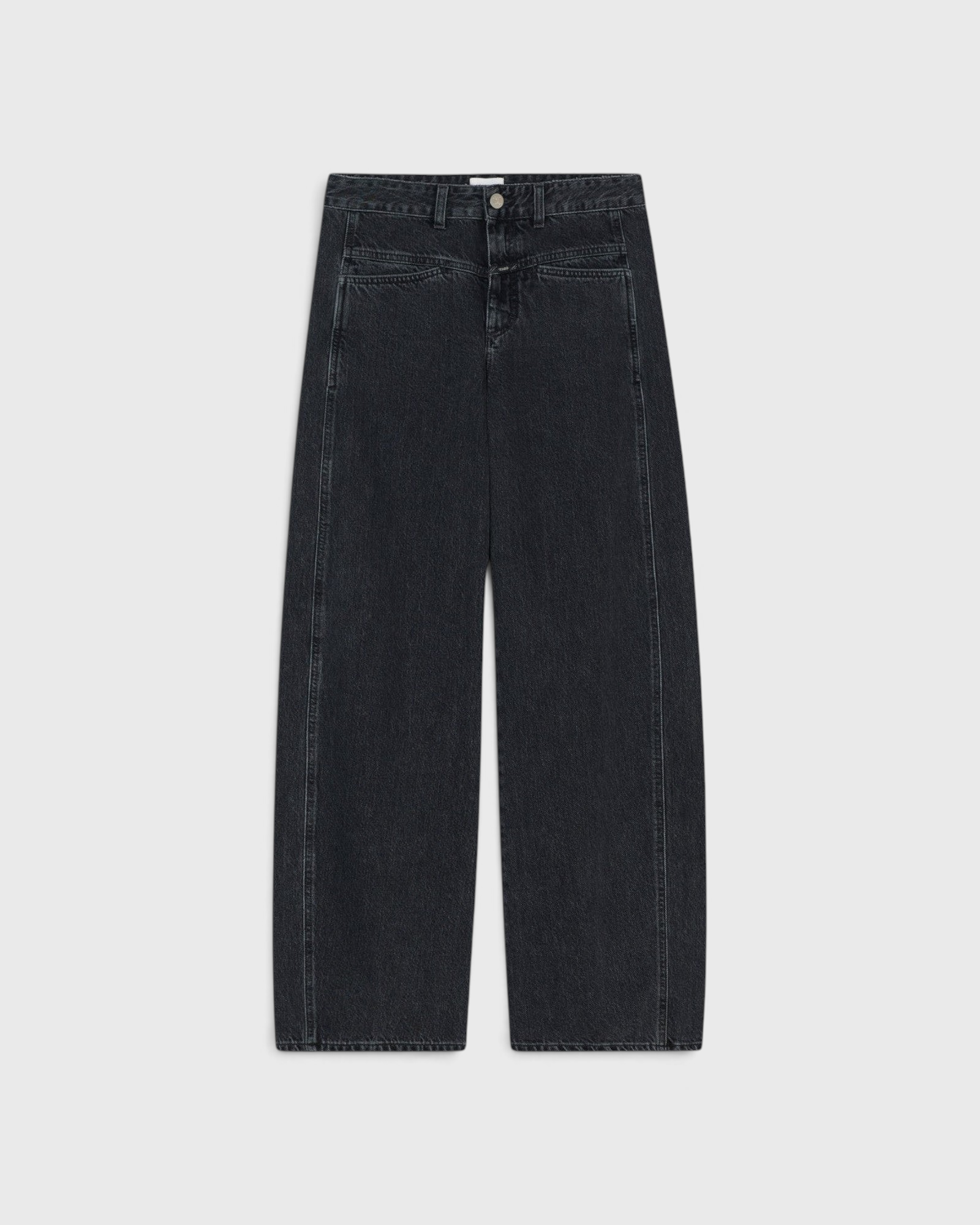 JONES + CO Tori X dark gray denim jeans with a barrel fit, mid-rise waist, and signature X-pockets.