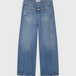JONES + CO Tori-X barrel jeans in mid blue denim with signature X-pockets and offset side seams.
