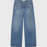 JONES + CO Tori-X barrel jeans in mid blue denim with signature X-pockets and offset side seams.