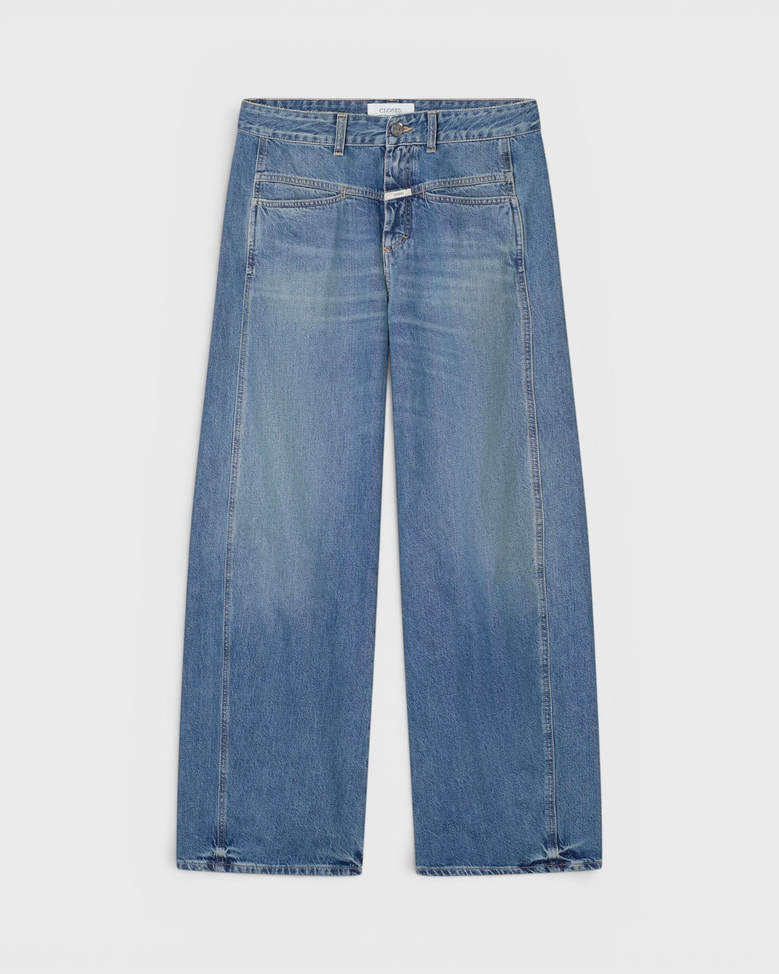 JONES + CO Tori-X barrel jeans in mid blue denim with signature X-pockets and offset side seams.