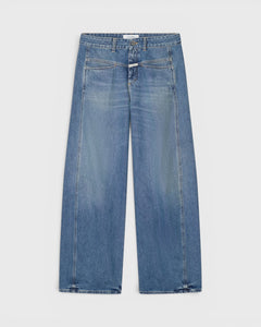 JONES + CO Tori-X barrel jeans in mid blue denim with signature X-pockets and offset side seams.