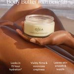 JONES + CO Undaria Algae Body Butter jar held by a person with tanned skin on a beach, promoting hydration and firming.
