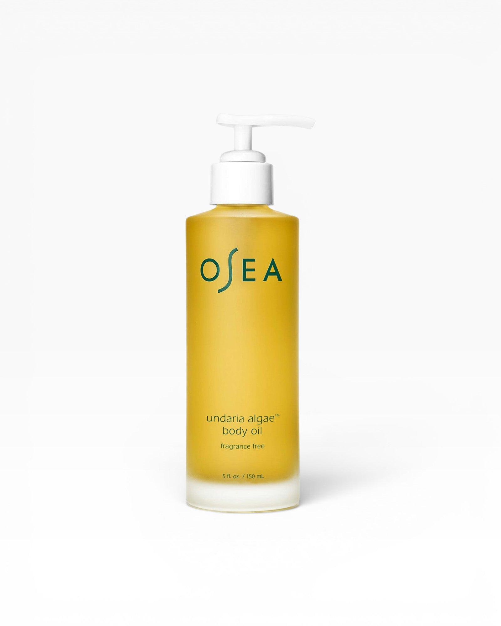 JONES + CO Undaria Algae Body Oil, a fragrance-free seaweed body oil in a yellow pump bottle that improves elasticity and firms skin.