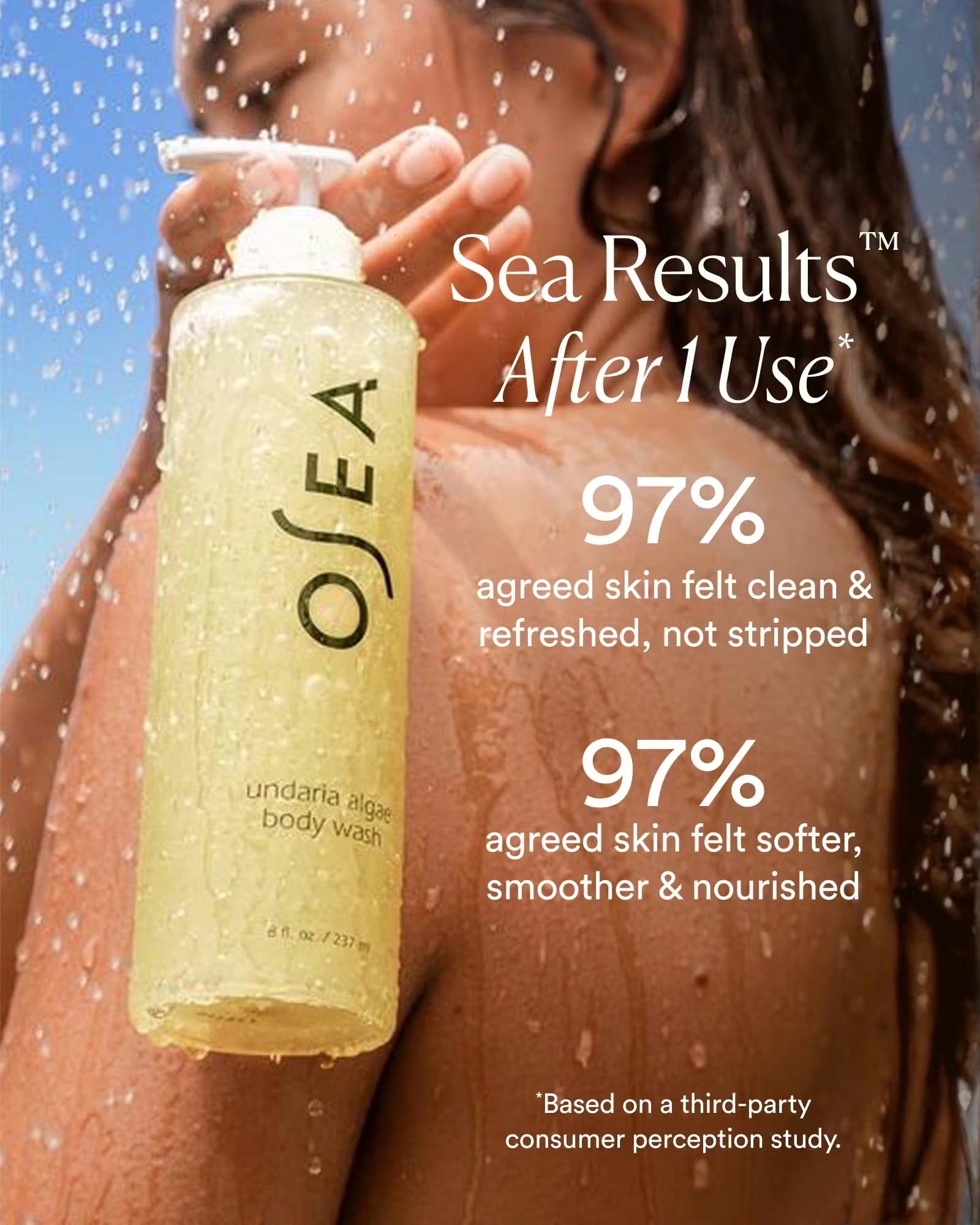 JONES + CO Undaria Algae Body Wash bottle with clear gel formula, in shower setting.
