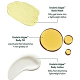 JONES + CO Undaria Body Glow Trio: yellow gel, golden oil, and white lotion swatches for body wash, oil, and lotion.