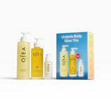 JONES + CO Undaria Body Glow Trio skincare set with body wash, body oil, and body lotion in yellow bottles.