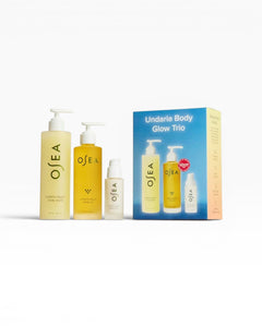 JONES + CO Undaria Body Glow Trio skincare set with body wash, body oil, and body lotion in yellow bottles.