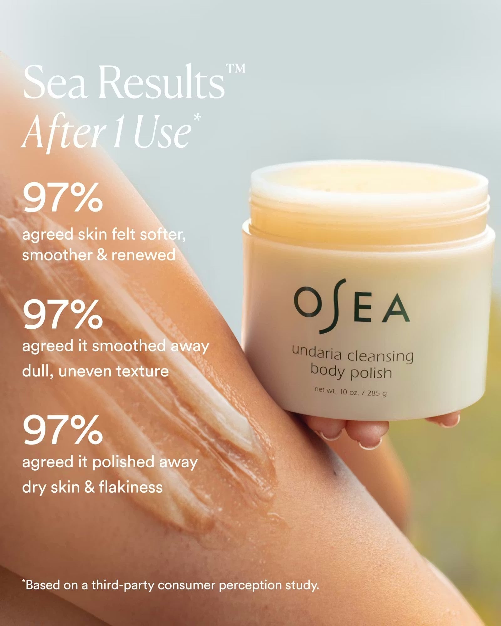 JONES + CO Undaria Cleansing Body Polish gel-to-milk formula with AHA exfoliation for smooth, soft skin.