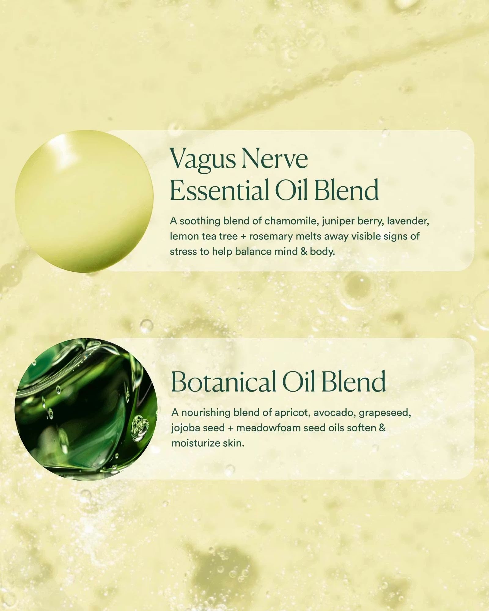 JONES + CO Vagus Nerve Bath Oil with essential oils for stress relief and skin moisture. Botanical blend.