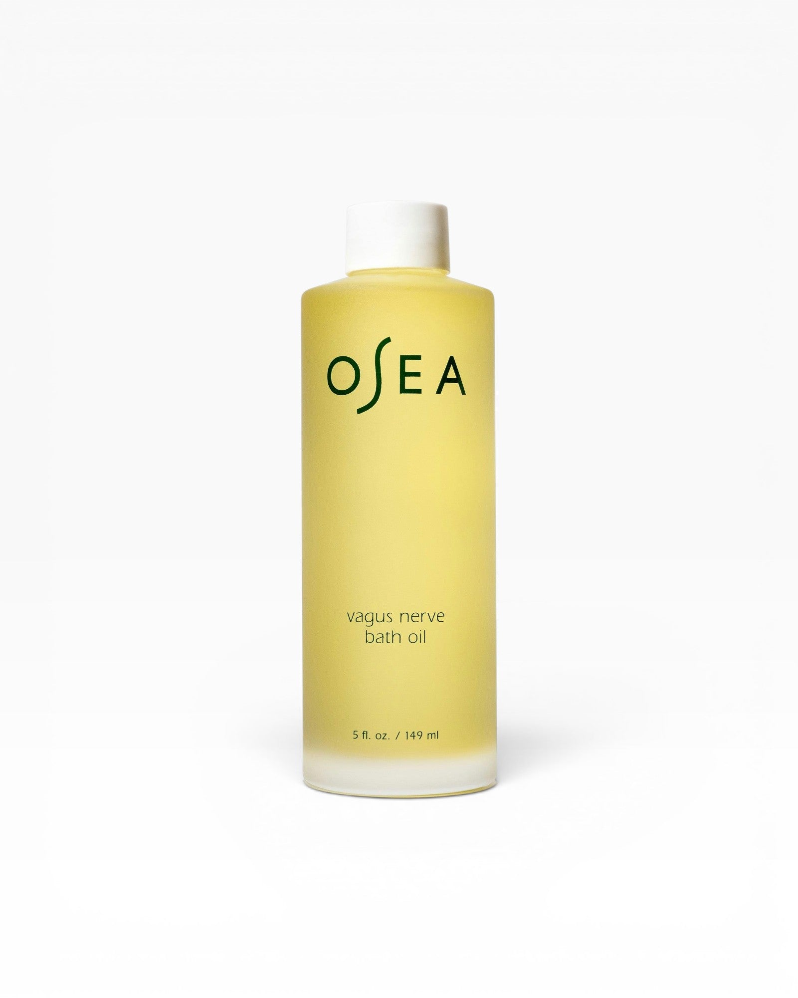 JONES + CO Vagus Nerve Bath Oil bottle, a pale yellow oil with white cap, promotes serenity and softens skin.