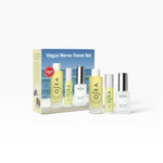 JONES + CO Vagus Nerve Travel Set featuring three bottles of bath oil and pillow mist, with a beach-themed box.
