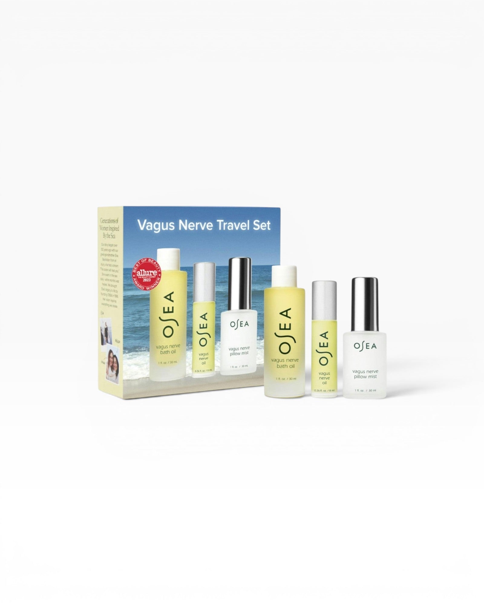 JONES + CO Vagus Nerve Travel Set featuring three bottles of bath oil and pillow mist, with a beach-themed box.