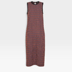 JONES + CO Valley midi dress in russet stretchy check fabric with contrast twisted binding and back button closure.