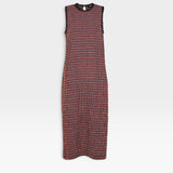 JONES + CO Valley midi dress in russet stretchy check fabric with contrast twisted binding and back button closure.