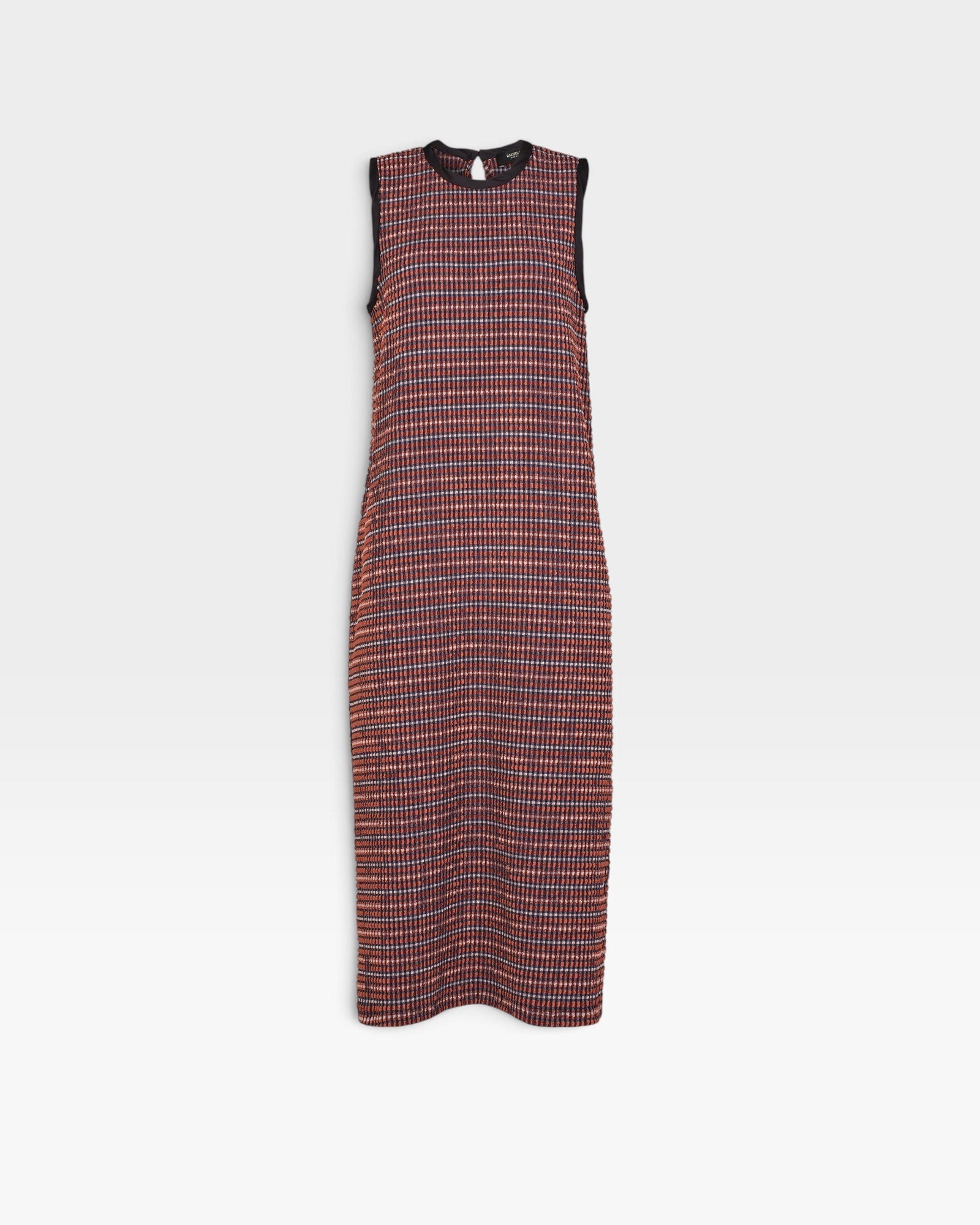 JONES + CO Valley midi dress in russet stretchy check fabric with contrast twisted binding and back button closure.