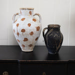 JONES + CO vintage Anatolian olive jar, white limewash with terracotta polka dots, hand-thrown in Turkey, aged patina.