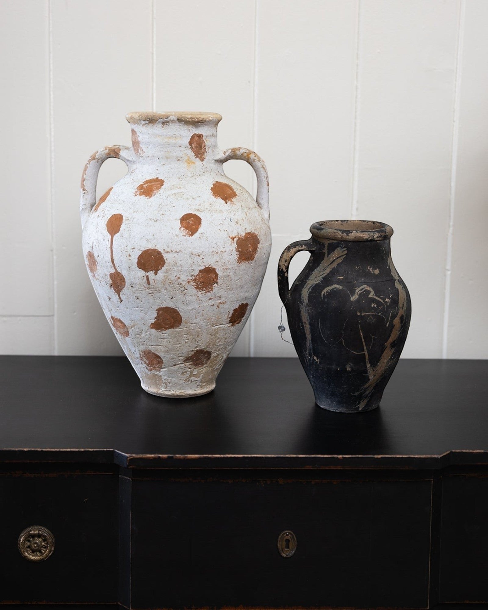 JONES + CO vintage Anatolian olive jar, white limewash with terracotta polka dots, hand-thrown in Turkey, aged patina.