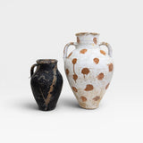 JONES + CO vintage Anatolian olive jar, white limewash with terracotta polka dots, hand-thrown in Turkey, aged patina.