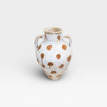 JONES + CO vintage Anatolian olive jar with white limewash and terracotta polka dots. Hand-thrown pottery with aged patina.