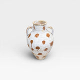JONES + CO vintage Anatolian olive jar with white limewash and terracotta polka dots. Hand-thrown pottery with aged patina.