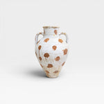 JONES + CO vintage Anatolian polka dot olive jar in white limewash with terracotta slip dots. Hand-thrown in Turkey, aged patina.